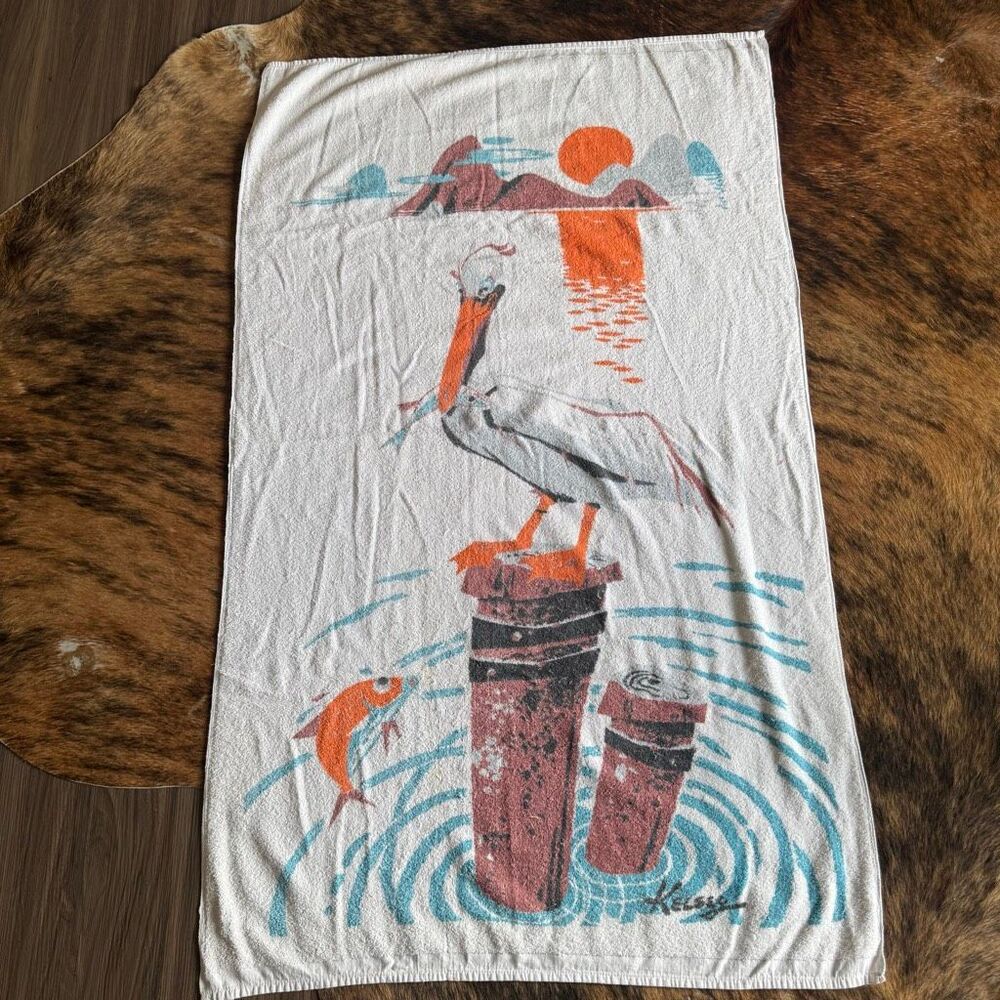 Vintage 70s Cannon Kelsey Pelican Large Beach Towel – Retro MCM Coastal Sunset –